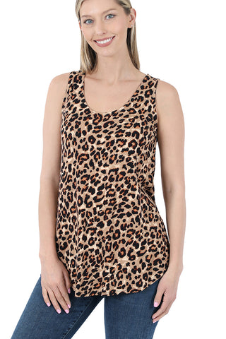 Zenana Womens Leopard Sleeveless Round Neck Hem Tank Top