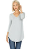 Zenana Womens V-Neck Round Hem 3/4 Sleeve Top, Light Grey