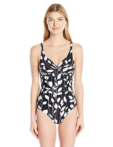 Anne Cole Women's Over The Shoulder Vines One Piece Swimsuit, (Black/White, 16)