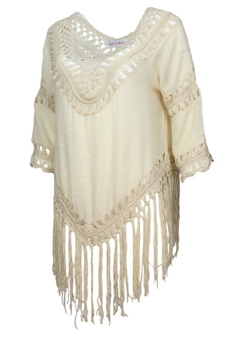 Aqua Beach Womens Crochet Cover Up Top with Fringe