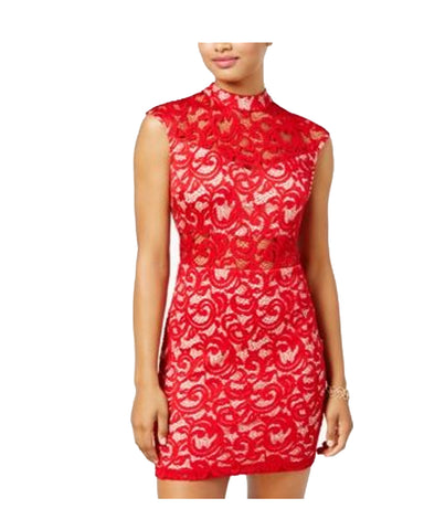 B. DARLIN Womens Junior Lace Illusion Mock Neck Mini Dress (Red, 15/16)
