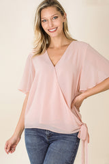 Zenana Womens Woven Double Layer Chiffon Side Tie Bell Sleeve Top