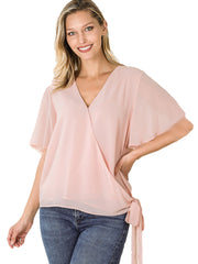 Zenana Womens Woven Double Layer Chiffon Side Tie Bell Sleeve Top