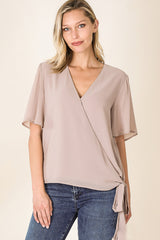 Zenana Womens Woven Double Layer Chiffon Side Tie Bell Sleeve Top
