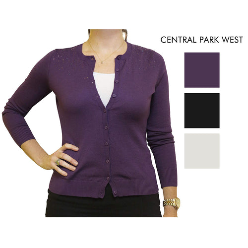 Central Park West New York Womens Cardigan Sequined Sweater, Plum Small