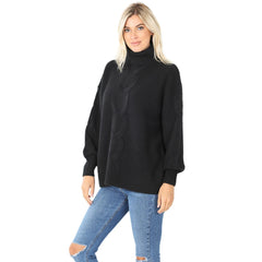 Zenana Womens Cable Knit Turtleneck Balloon Sleeve Sweater