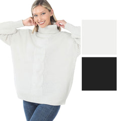 Zenana Womens Cable Knit Turtleneck Balloon Sleeve Sweater