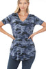 Zenana Womens Camouflage Print V-Neck Round Hem Top