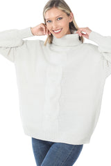 Zenana Womens Cable Knit Turtleneck Balloon Sleeve Sweater