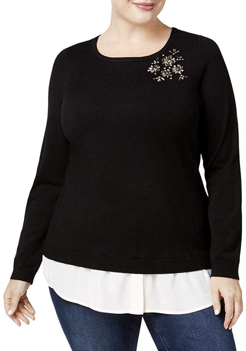 Charter Club Womens Layered-Look Brooch Sweater (Black,3X)
