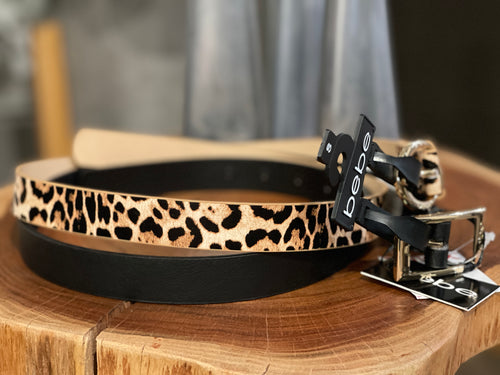 Bebe Skinny Belt Set, 1 Black and 1 Leopard, 1" Width