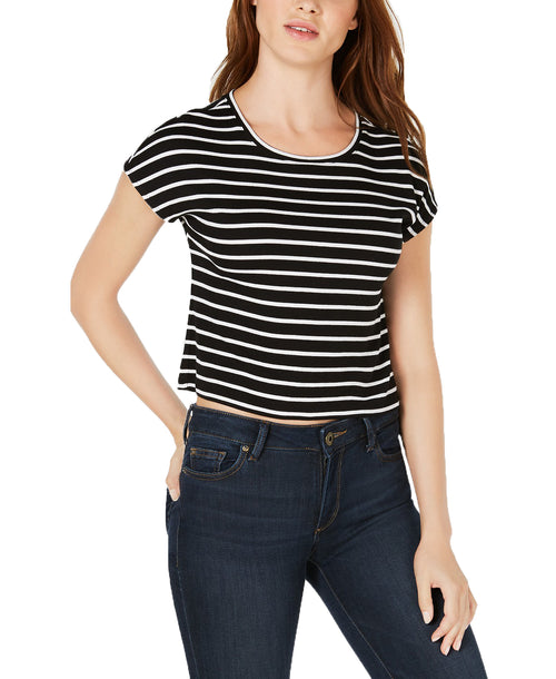 Bar III Womens Crew Neck Fitted Knit Striped Cropped T-Shirt