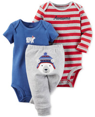 Baby Boy's 3-Piece Matching Outfit Set (2 Bodysuit Tops and 1 Pant)