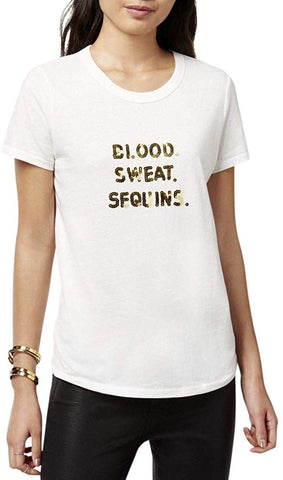 Bow & Drape Womens Blood Sweat Sequined Graphic T-Shirt (White,Medium)