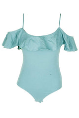 Juniors knit bodysuit off-the-shoulder neckline