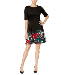 Charter Club Petite Floral-Hem Fit & Flare Dress (Black Combo, Petite)