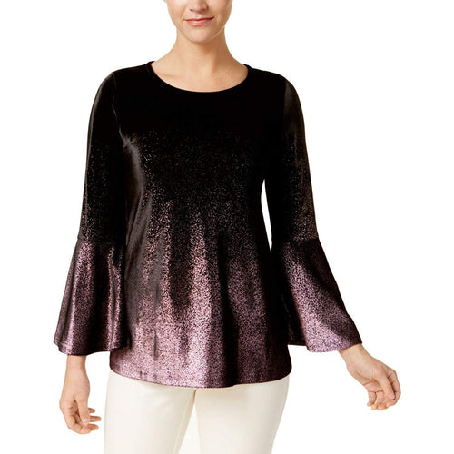 Alfani Womens Rose Shimmer Metallic Velvet Pullover Top (Black, Petite Medium)