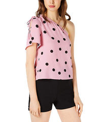 Bar III Womens Printed One-Shoulder Ruched Flutter Sleeve Top