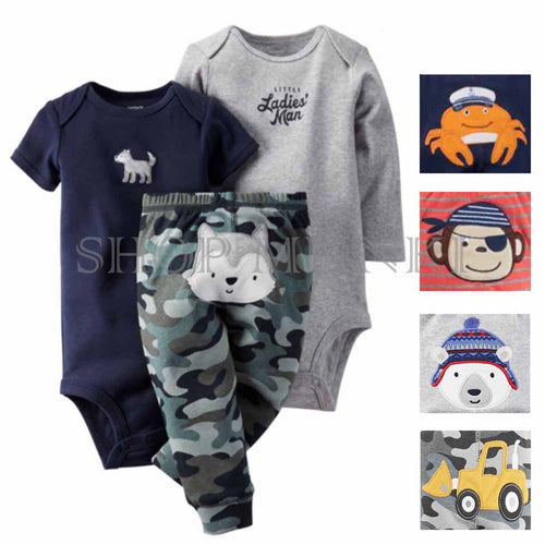 Baby Boy's 3-Piece Matching Outfit Set (2 Bodysuit Tops and 1 Pant)