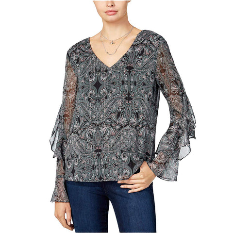 BCX Juniors Sheer Metallic Printed Long Ruffle-Sleeve Blouse