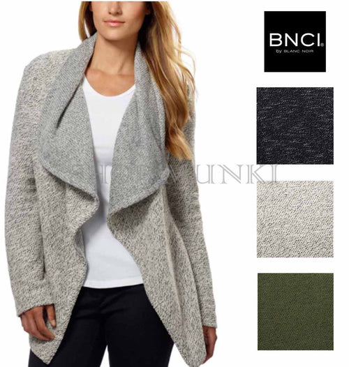 BNCI by Blanc Noir Women's Tweed Drape Front Shawl Collar Cardigan Sweater