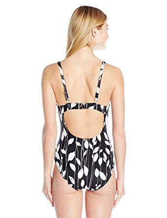 Anne Cole Women's Over The Shoulder Vines One Piece Swimsuit, (Black/White, 16)