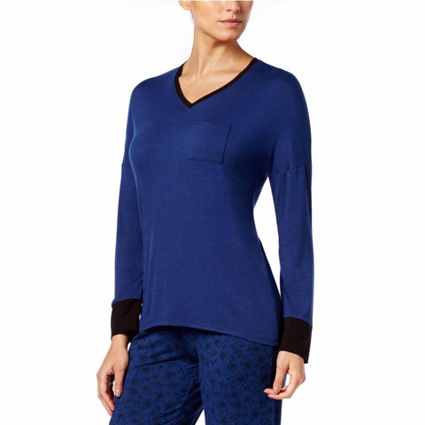 Alfani Womens Colorblock Contrast-Cuff Pajama Top