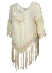Aqua Beach Womens Crochet Cover Up Top with Fringe