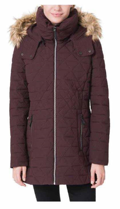 Andrew Marc Womens Quilted Coat with Faux Fur Trim Hood
