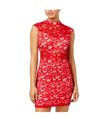 B. DARLIN Womens Junior Lace Illusion Mock Neck Mini Dress (Red, 15/16)